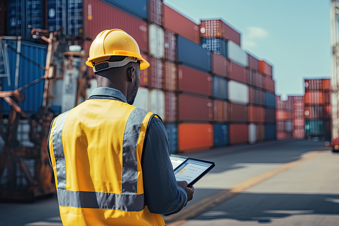 Company leader overseeing cargo docks to assess logistics cost strategies