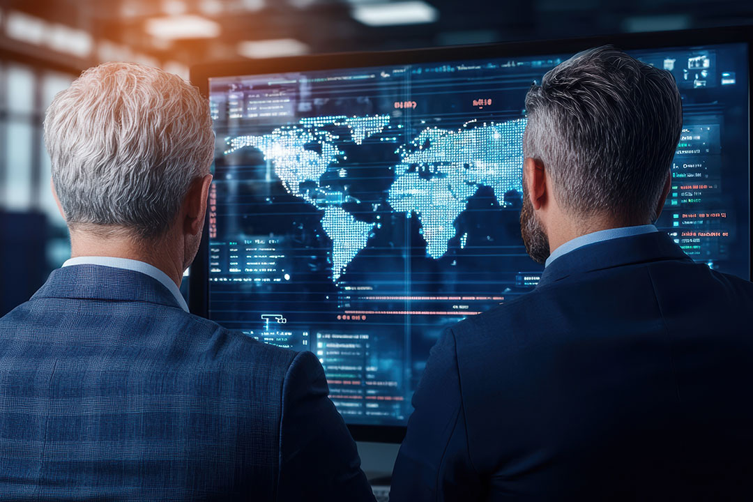 Supply Chain executives discussing supply chain management outsourcing strategies inside a warehouse.