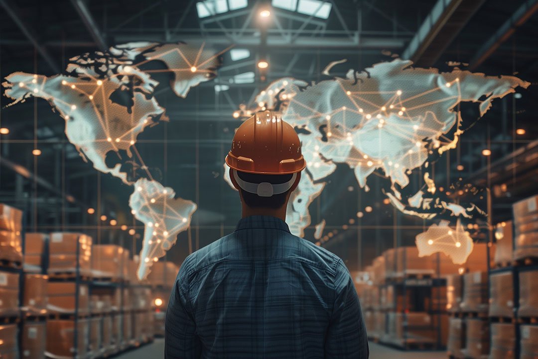 Supply chain manager assessing global map illustrating global shipping routes